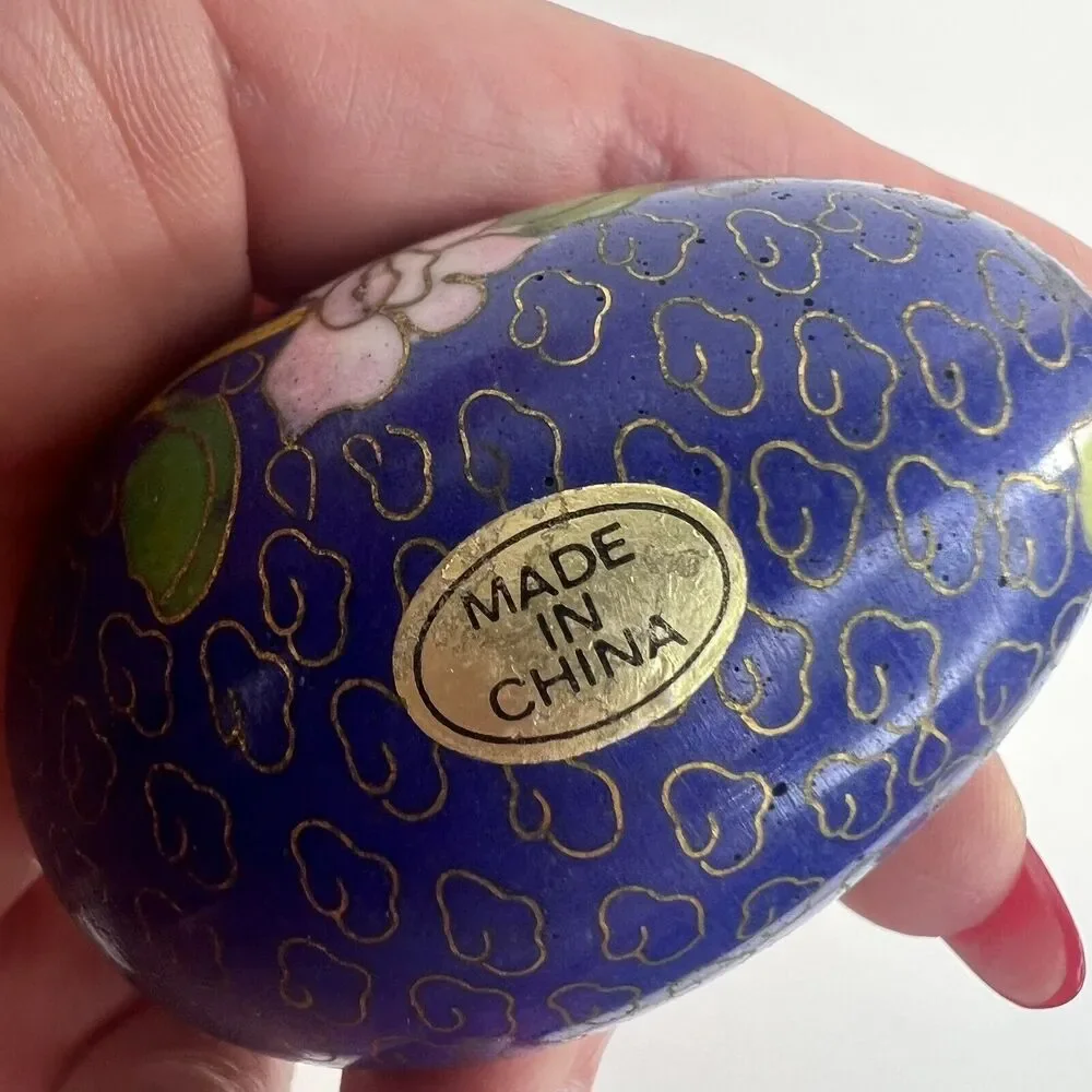 Vintage Cloisonné Enamel Egg Blue with Pink Flowers‎